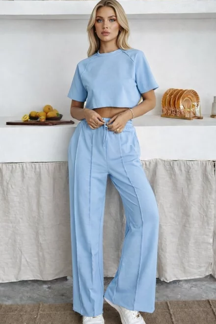 Trening de Dama, din Bumbac, Doua Piese, Tricou si Pantaloni cu Cusaturi Evidentiate, Antoinne, Bleu