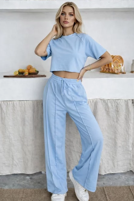 Trening de Dama, din Bumbac, Doua Piese, Tricou si Pantaloni cu Cusaturi Evidentiate, Antoinne, Bleu