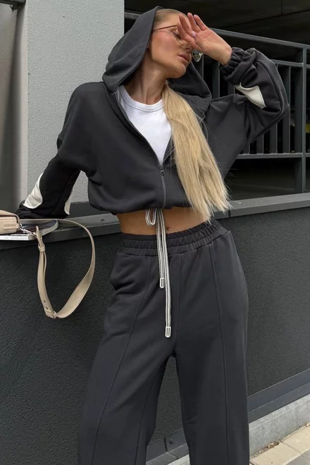 Trening de Dama, din Bumbac, Hanorac cu Insertie Alba pe Maneci si Pantalon Lejer, Lumore, Negru