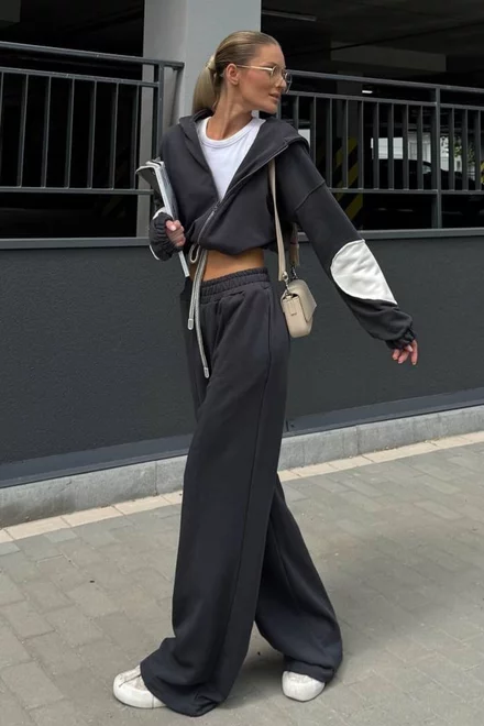 Trening de Dama, din Bumbac, Hanorac cu Insertie Alba pe Maneci si Pantalon Lejer, Lumore, Negru
