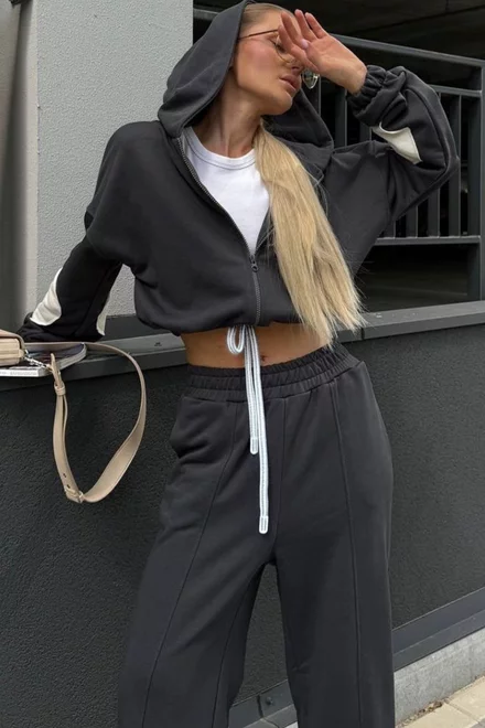 Trening de Dama, din Bumbac, Hanorac cu Insertie Alba pe Maneci si Pantalon Lejer, Lumore, Negru