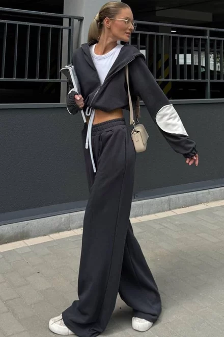 Trening de Dama, din Bumbac, Hanorac cu Insertie Alba pe Maneci si Pantalon Lejer, Lumore, Negru