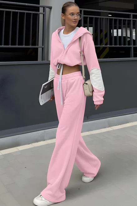 Trening de Dama, din Bumbac, Hanorac cu Insertie Alba si Pantaloni Lejeri, Varvarra, Roz Bon-Bon