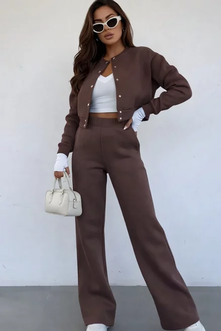 Trening de Dama, din Bumbac, Jacheta cu Inchidere Capse si Pantalon cu Buzunare, Power, Maro