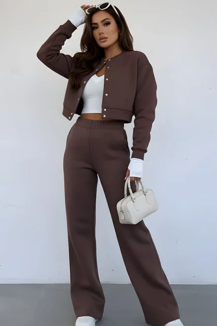 Trening de Dama, din Bumbac, Jacheta cu Inchidere Capse si Pantalon cu Buzunare, Power, Maro