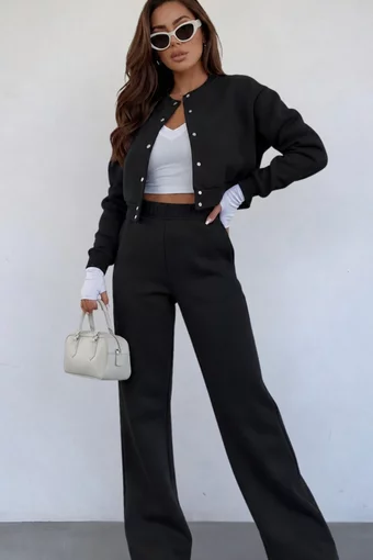 Trening de Dama, din Bumbac, Jacheta cu Inchidere Capse si Pantalon cu Buzunare, Vangelis, Negru