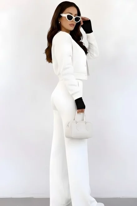 Trening de Dama, din Bumbac, Jacheta cu Inchidere Capse si Pantalon cu Elastic in Talie, Addicted, Ivoire