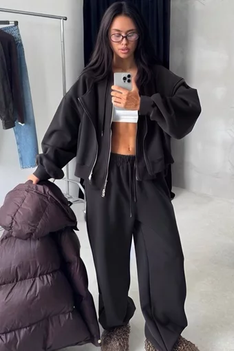 Trening de Dama, din Bumbac, Pantalon Lejer si Horac cu Gluga si Fermoar Dublu, StreetVibe, Negru