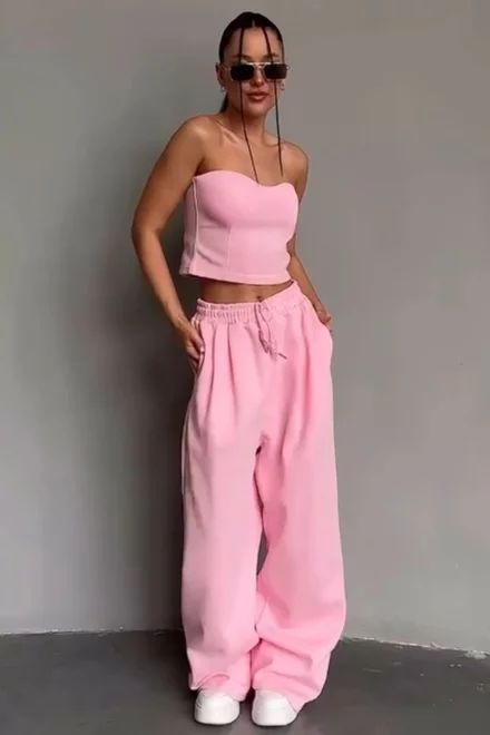 Trening de Dama, din Bumbac, Trei Piese, Hanorac, Top si Pantalon Lung cu Buzunare, Rush, Roz