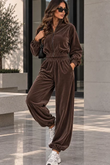Trening de Dama, din Catifea, Bluza cu Fermoar și Pantaloni Jogger, Kaell, Maro