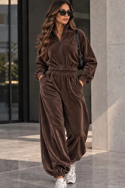 Trening de Dama, din Catifea, Bluza cu Fermoar și Pantaloni Jogger, Kaell, Maro