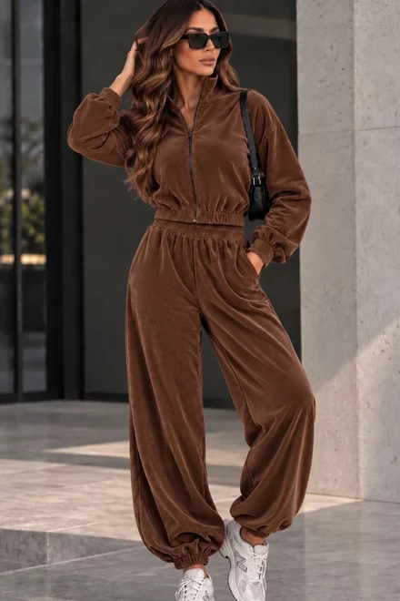 Trening de Dama, din Catifea, Bluza cu Fermoar și Pantaloni Jogger, Kaell, Maro Deschis