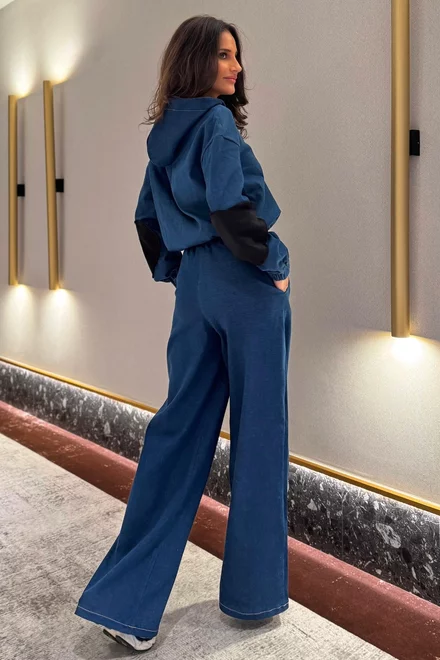 Trening de Dama, din Denim, Doua Piese, Hanorac Scurt cu Gluga si Pantaloni Lungi ,Denimora, Blue