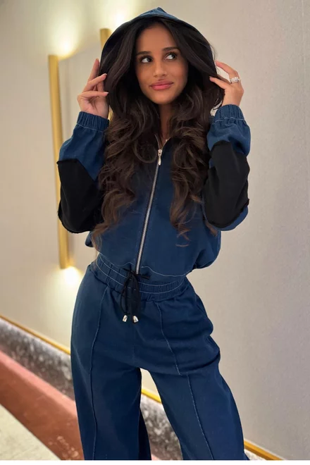 Trening de Dama, din Denim, Doua Piese, Hanorac Scurt cu Gluga si Pantaloni Lungi ,Denimora, Blue