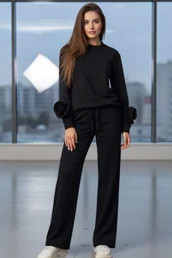 Trening de Dama, din Doua Piese, Bluza Accesorizata cu Flori si Pantalon Lung, Scorpio, Negru