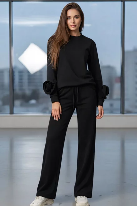 Trening de Dama, din Doua Piese, Bluza Accesorizata cu Flori si Pantalon Lung, Scorpio, Negru