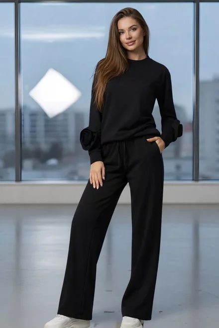 Trening de Dama, din Doua Piese, Bluza Accesorizata cu Flori si Pantalon Lung, Scorpio, Negru