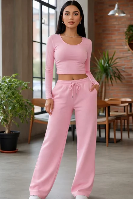 Trening de Dama, din Doua Piese, Bluza si Pantalon Lejer, Kelly, Roz