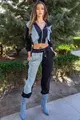 Trening de Dama din Doua Piese, Combinat Blug Blue cu Bumbac Negru, Pantalon cu Talie Inalta,si  Hanorac Scurt cu Gluga, Wanted, Blue