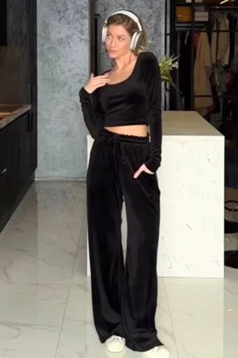 Trening de Dama, din Doua Piese , din Catifea, Bluza cu Maneca Lunga si Pantalon Lejer cu Buzunare, Momentss, Negru