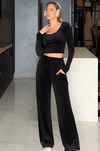 Trening de Dama, din Doua Piese , din Catifea, Bluza cu Maneca Lunga si Pantalon Lejer cu Buzunare, Momentss, Negru