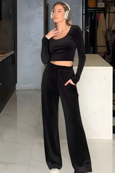 Trening de Dama, din Doua Piese , din Catifea, Bluza cu Maneca Lunga si Pantalon Lejer cu Buzunare, Momentss, Negru