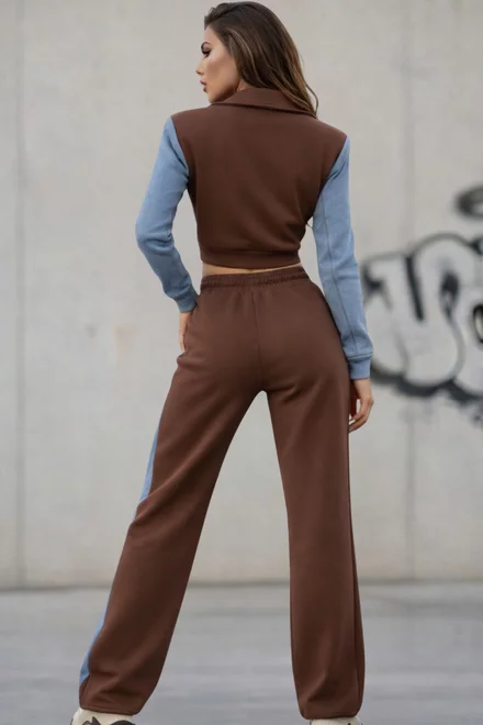 Trening de Dama, din Doua Piese, Hanorac si Pantalon cu Insertii Blug, Amaris, Maro 