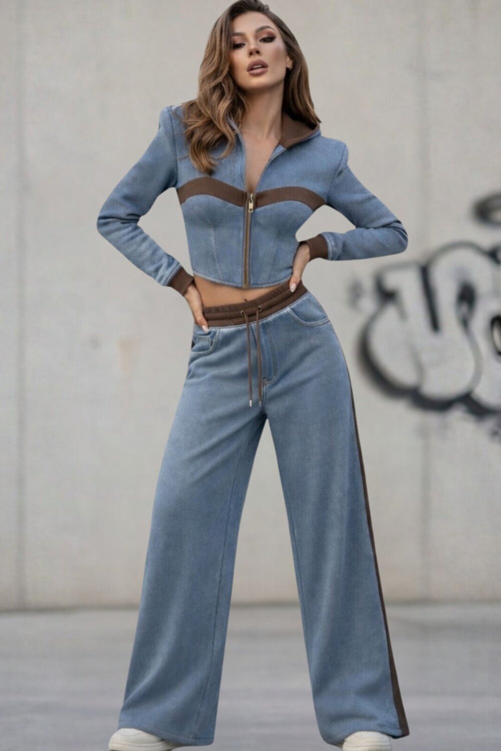 hanorac dama cu fermoar h&m Trening De Dama, Din Doua Piese, Hanorac Si Pantalon Cu Insertii Blug, Amaris, Maro