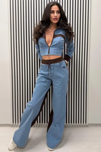 Trening de Dama, din Doua Piese, Hanorac si Pantalon cu Insertii Blug, Amaris, Maro 