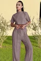 Trening de Dama, din Doua Piese, Top Scurt si Pantaloni Lejeri din Bumbac, cu Cusaturi Evidentiate, Elitte, Capuccino