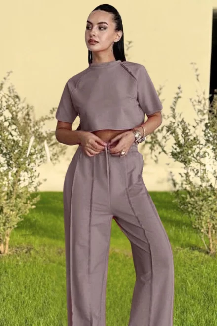 Trening de Dama, din Doua Piese, Top Scurt si Pantaloni Lejeri din Bumbac, cu Cusaturi Evidentiate, Elitte, Capuccino