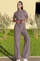 Trening de Dama, din Doua Piese, Top Scurt si Pantaloni Lejeri din Bumbac, cu Cusaturi Evidentiate, Elitte, Capuccino