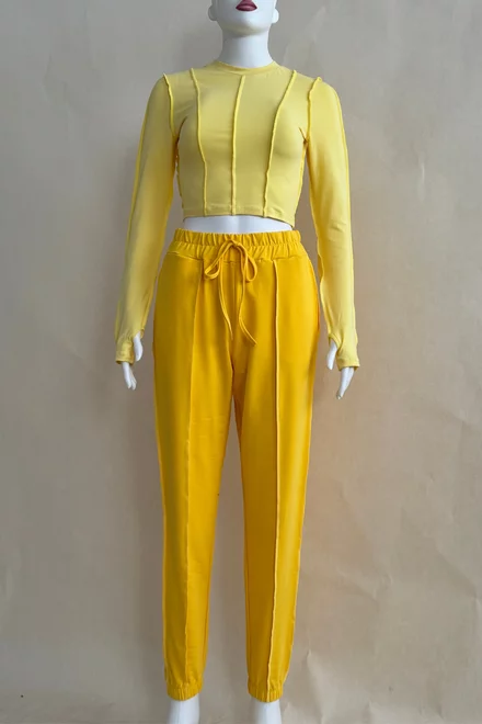 Trening de Dama, din Doua Piese, Top si Pantaloni Conici cu Cusaturi Evidentiate, Soranna, Galben