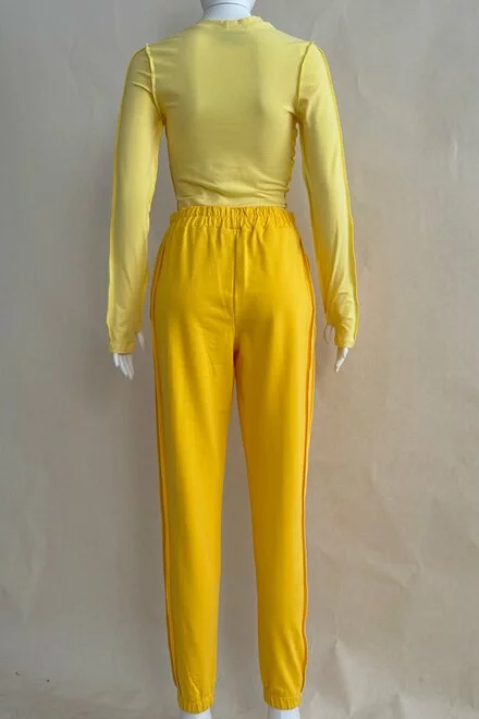 Trening de Dama, din Doua Piese, Top si Pantaloni Conici cu Cusaturi Evidentiate, Soranna, Galben
