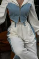 Trening de Dama, Doua Piese, cu Benzi din Jeans Blue, Bluza cu Forma Brau si Pantaloni Lejeri, LaReyna, Ivoire