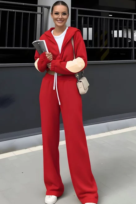 Trening de Dama, Doua Piese, din Bumbac, Hanorac si Pantaloni Lejeri, Gorgeous, Rosu