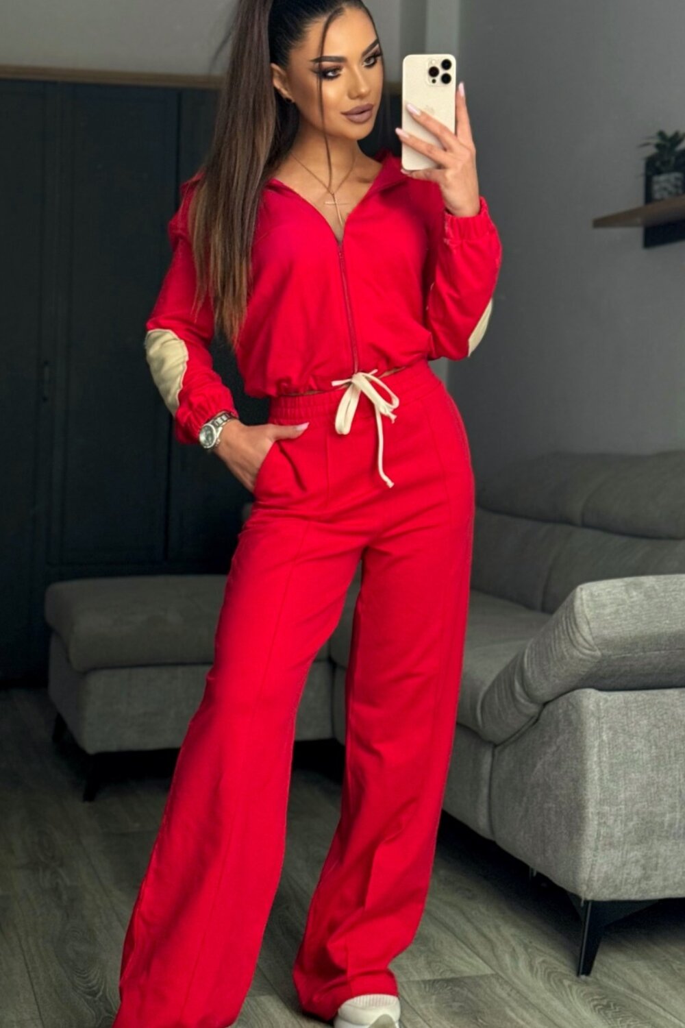 FOGGI Trening De Dama, Doua Piese, Din Bumbac, Hanorac Si Pantaloni Lejeri, Gorgeous, Rosu