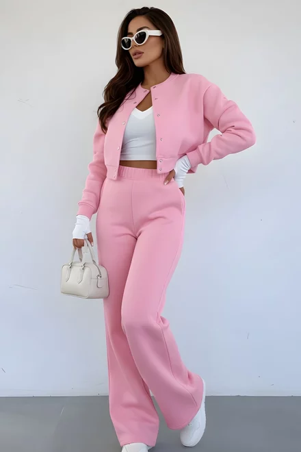 Trening de Dama, doua Piese, din Bumbac, Jacheta si Pantalon cu Buzunare, Urbanys, Roz