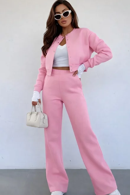 Trening de Dama, doua Piese, din Bumbac, Jacheta si Pantalon cu Buzunare, Urbanys, Roz