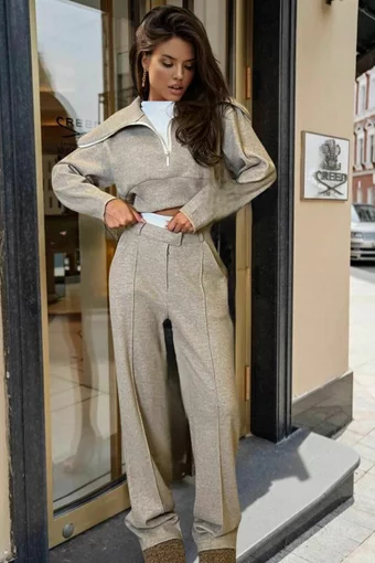 Trening de Dama, Doua Piese, din Bumbac, Top cu Maneci Lungi si Pantalon cu, Cusaturi Evidentiate, Bambuss, Bej