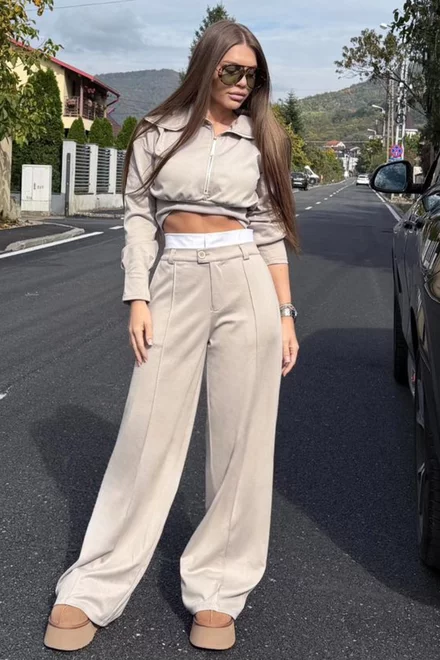 Trening de Dama, Doua Piese, din Bumbac, Top cu Maneci Lungi si Pantalon cu, Cusaturi Evidentiate, Bambuss, Bej