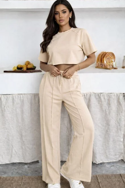 Trening de Dama, Doua Piese, din Bumbac, Top si Pantaloni cu Cusaturi Evidentiate, Honor, Bej