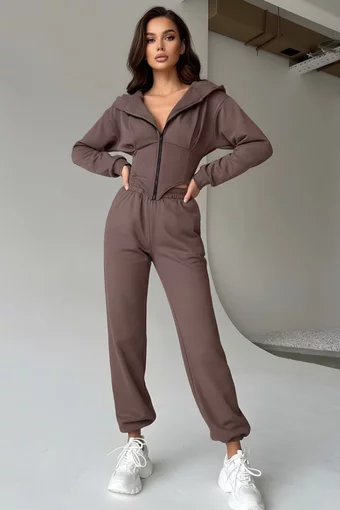 Trening de Dama, Doua Piese, Hanorac cu Brau Tip Corset si Pantaloni Conici, Brunelle, Maro