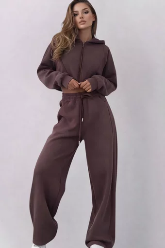 Trening de Dama, Doua Piese, Hanorac cu Gluga si Pantalon Lejer, Truffle, Maro