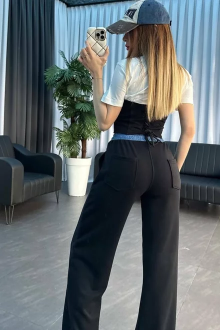 Trening de Dama, Doua Piese, Tricou Alb cu Forma Top Cusut Negru si Pantalon cu Betelie din Blug, Herms, Negru