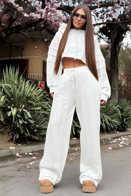 Trening de Dama, Hanorac si Pantalon cu Cusaturi Evidentiate, din Bumbac, Softy, Alb 
