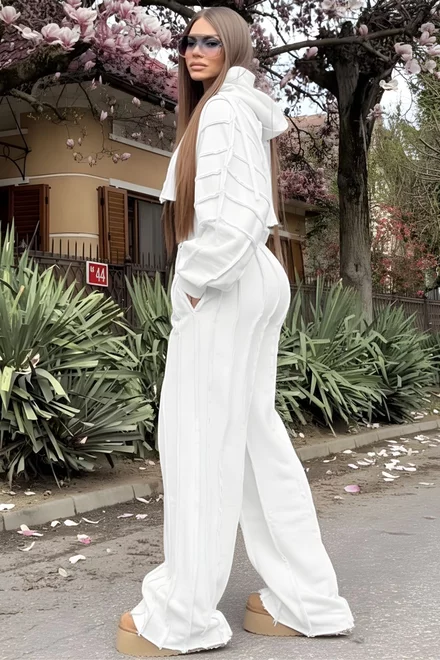 Trening de Dama, Hanorac si Pantalon cu Cusaturi Evidentiate, din Bumbac, Softy, Alb 