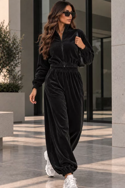 Trening din Catifea, Bluza cu Fermoar și Pantaloni Jogger, Rivven, Negru