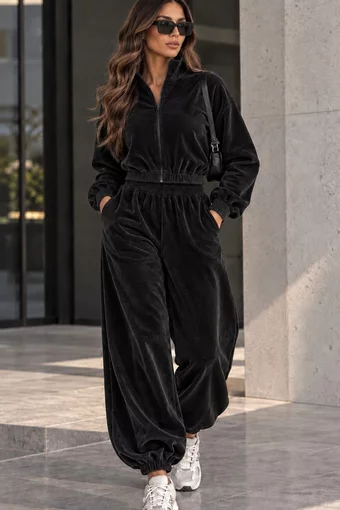 Trening din Catifea, Bluza cu Fermoar și Pantaloni Jogger, Rivven, Negru