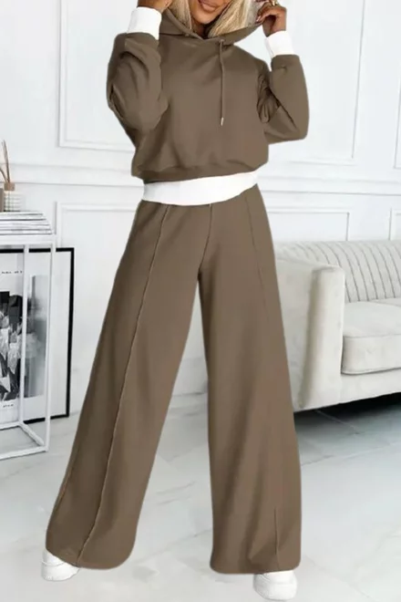 Trening Doua Piese, din Bumbac, Hanorac si Pantalon cu Betelie Alba, Souvagge, Maro